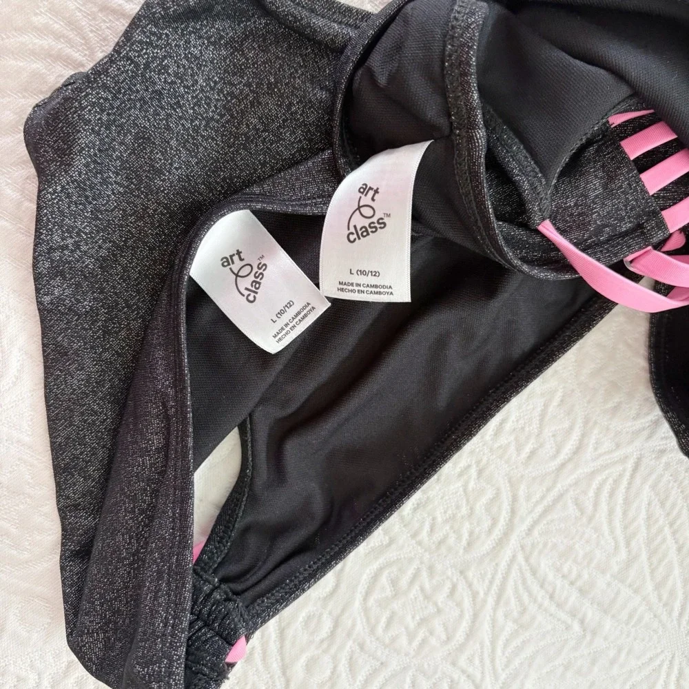 Art Class Girls' Pink / Black Sparkles 2 Piece Bikini Swim Set - Sz L 10/12